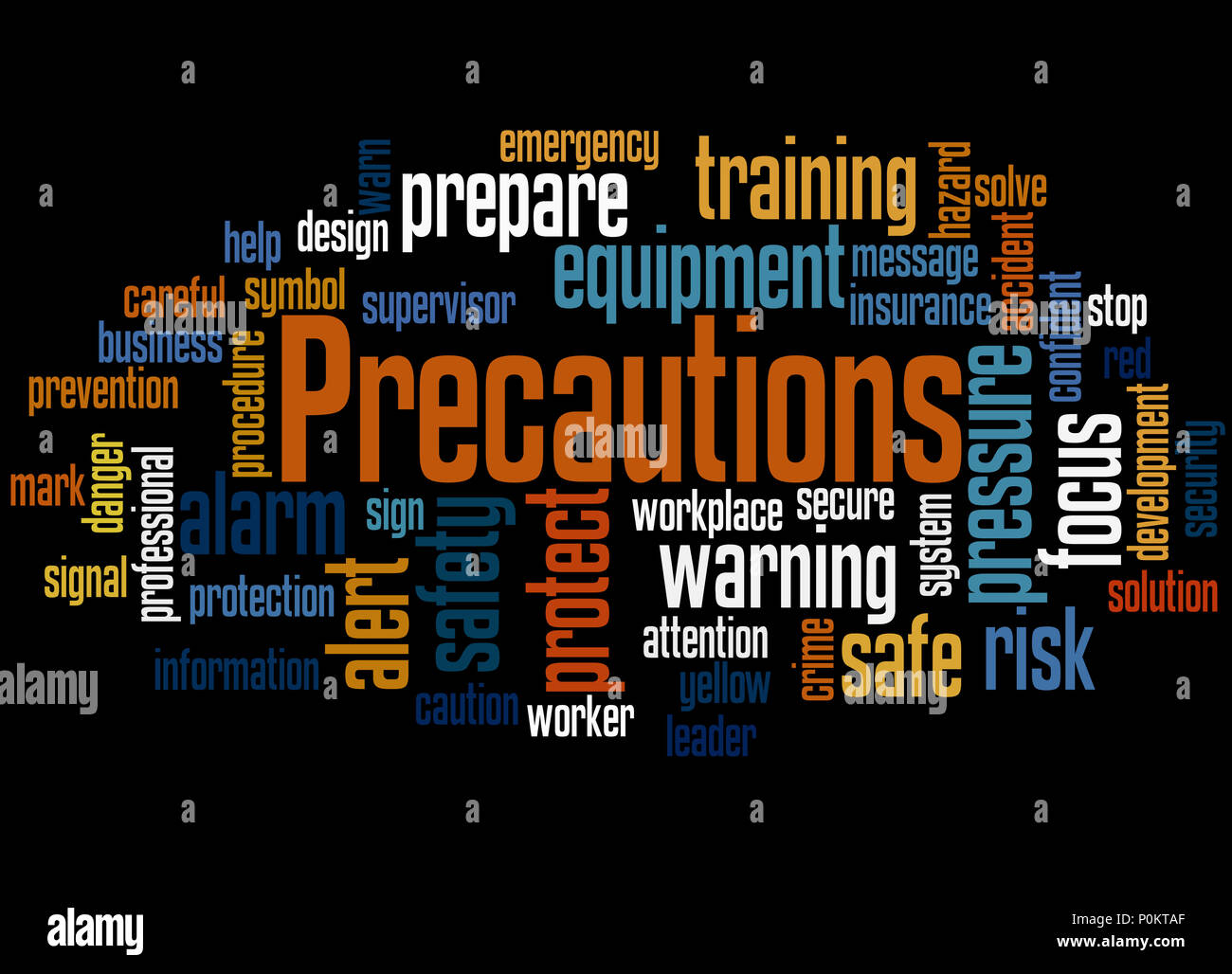 Precautions, word cloud concept on black background Stock Photo - Alamy