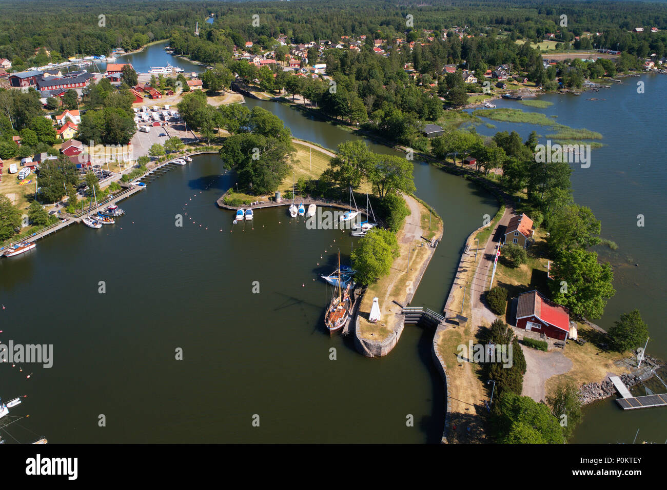 Sjotorp, Sweden - June 8, 2018: Aerial view of the Sjotorp locking aera where the Gota canal and lake Vanern connects. Stock Photo