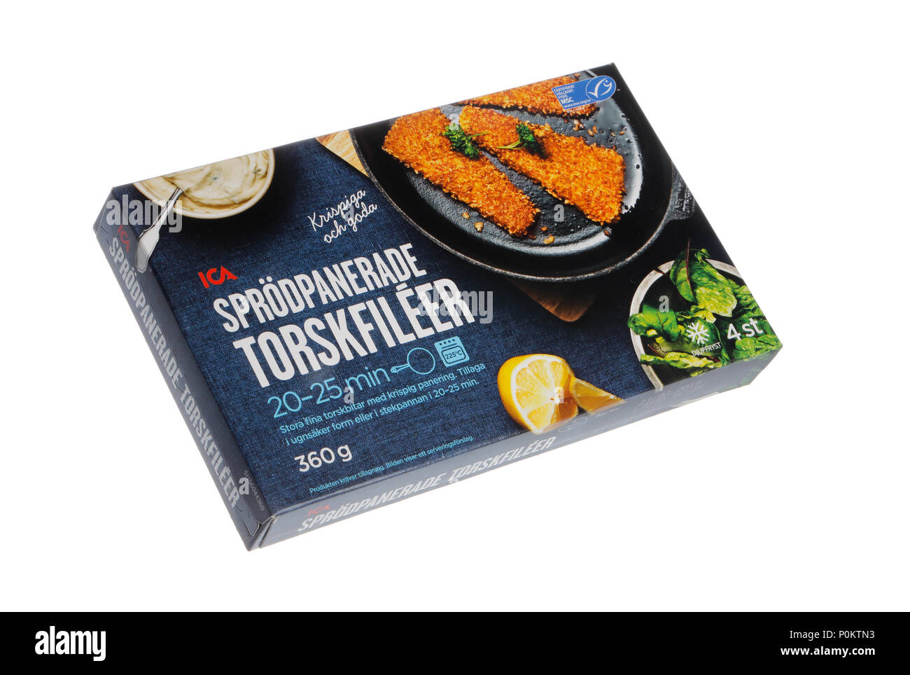 Stockholm, Sweden - February 2, 2018: Close up och one package of 360 grams ICA crispy cod fillets for the Swedish market as seen in shops in February Stock Photo