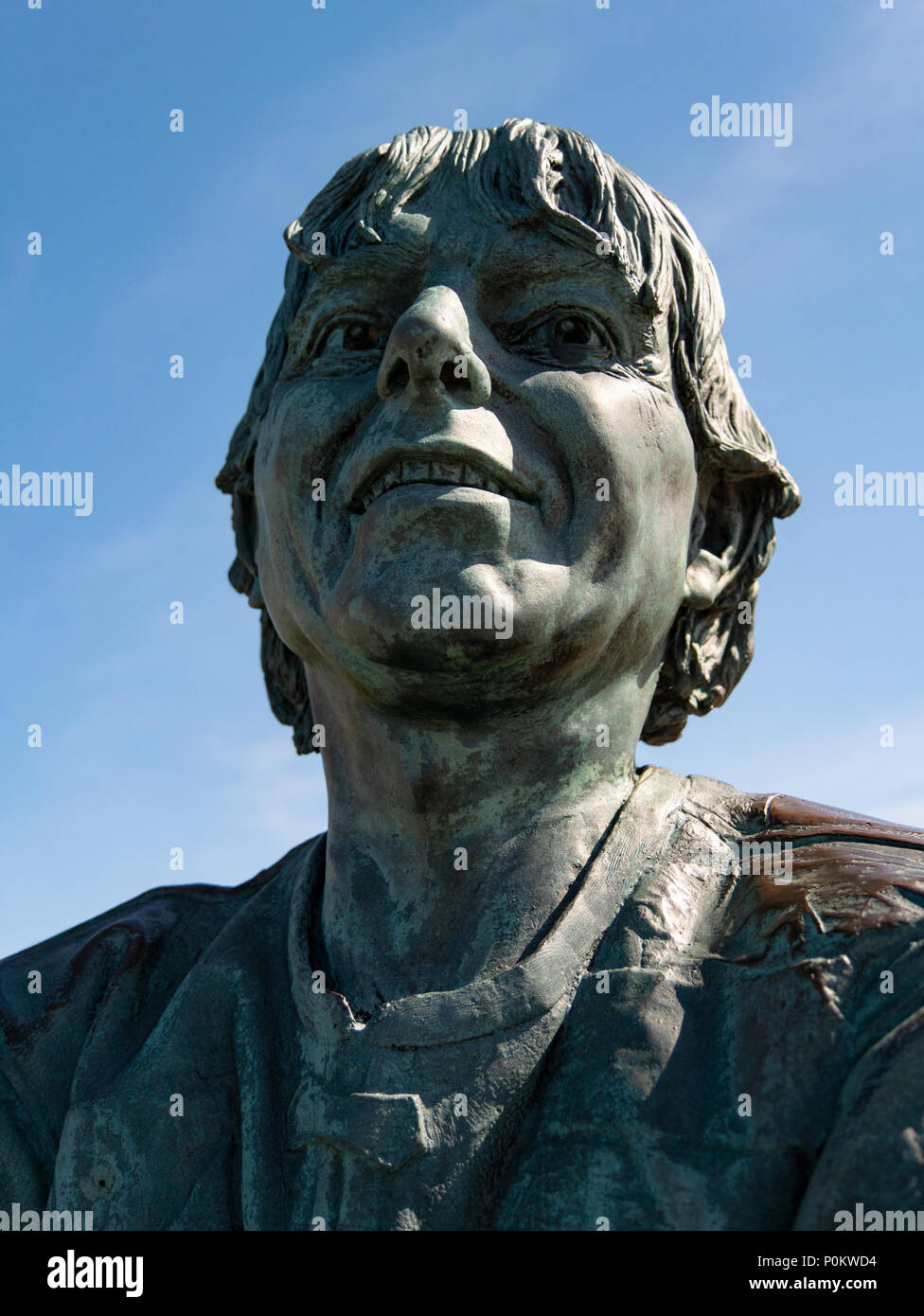 Joey Dunlop statue memorial, Snaefell, The Bungalow, Isle of Man TT 2018. Tourist Trophy road race, mountain course Stock Photo