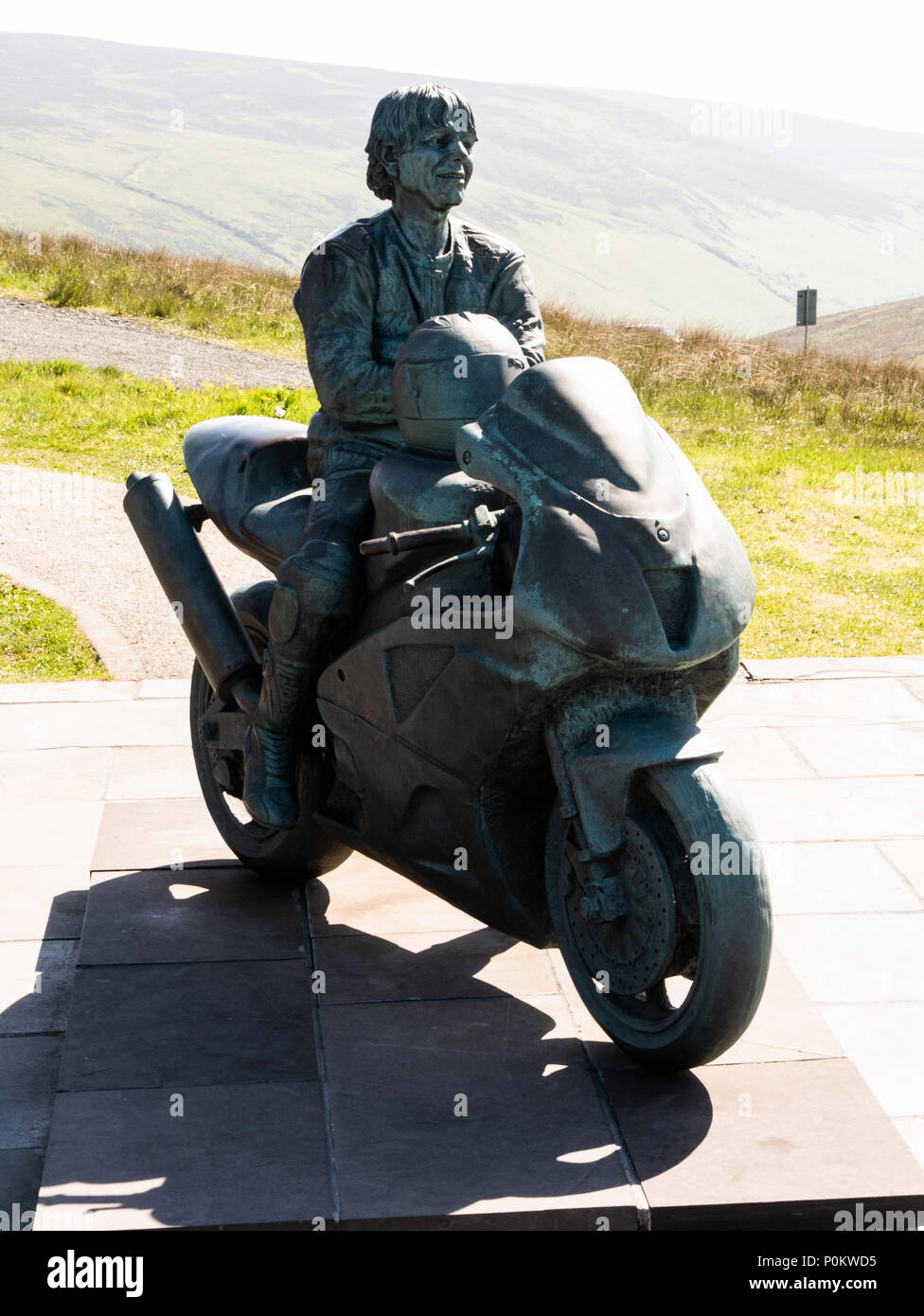 Joey Dunlop statue memorial, Snaefell, The Bungalow, Isle of Man TT 2018. Tourist Trophy road race, mountain course Stock Photo