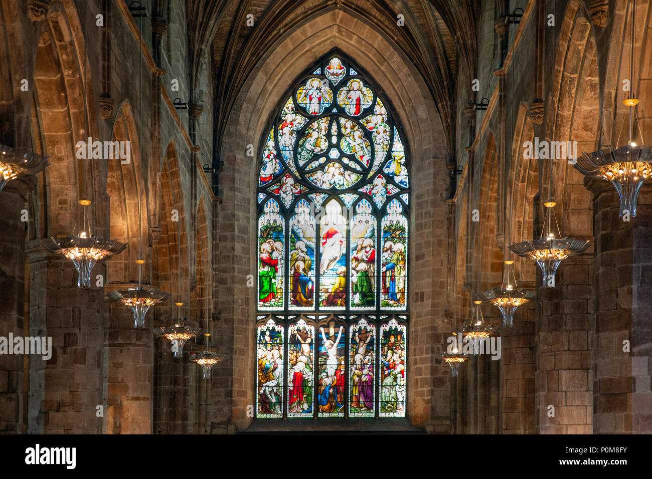 Interior St. Giles Cathedral in Edinburgh with stained glass window Stock Photo