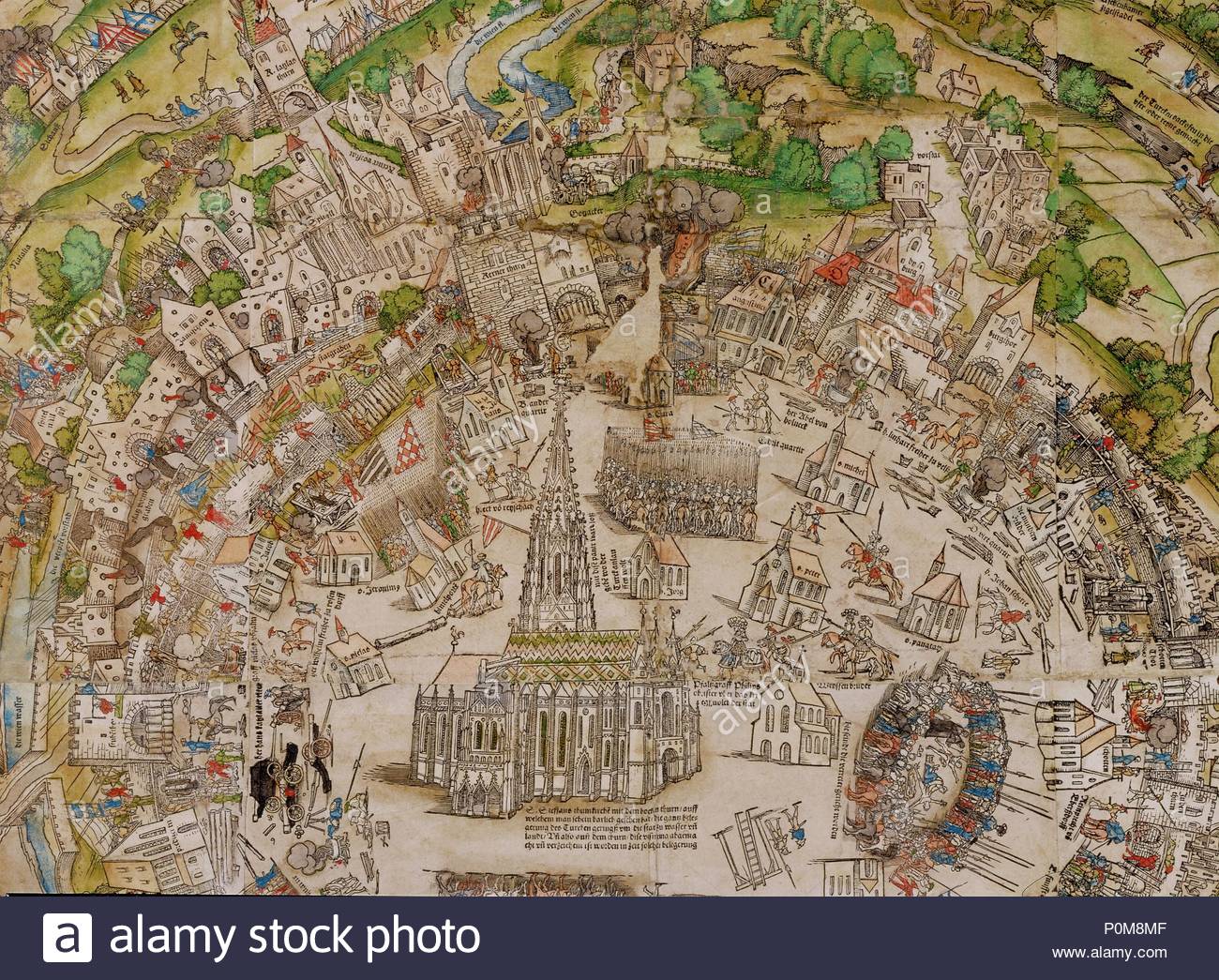 Birds-eye view of Vienna during the time of the first Turkish siege 1529, by Niclas Meldemann,1530. Coloured woodcut (detail).