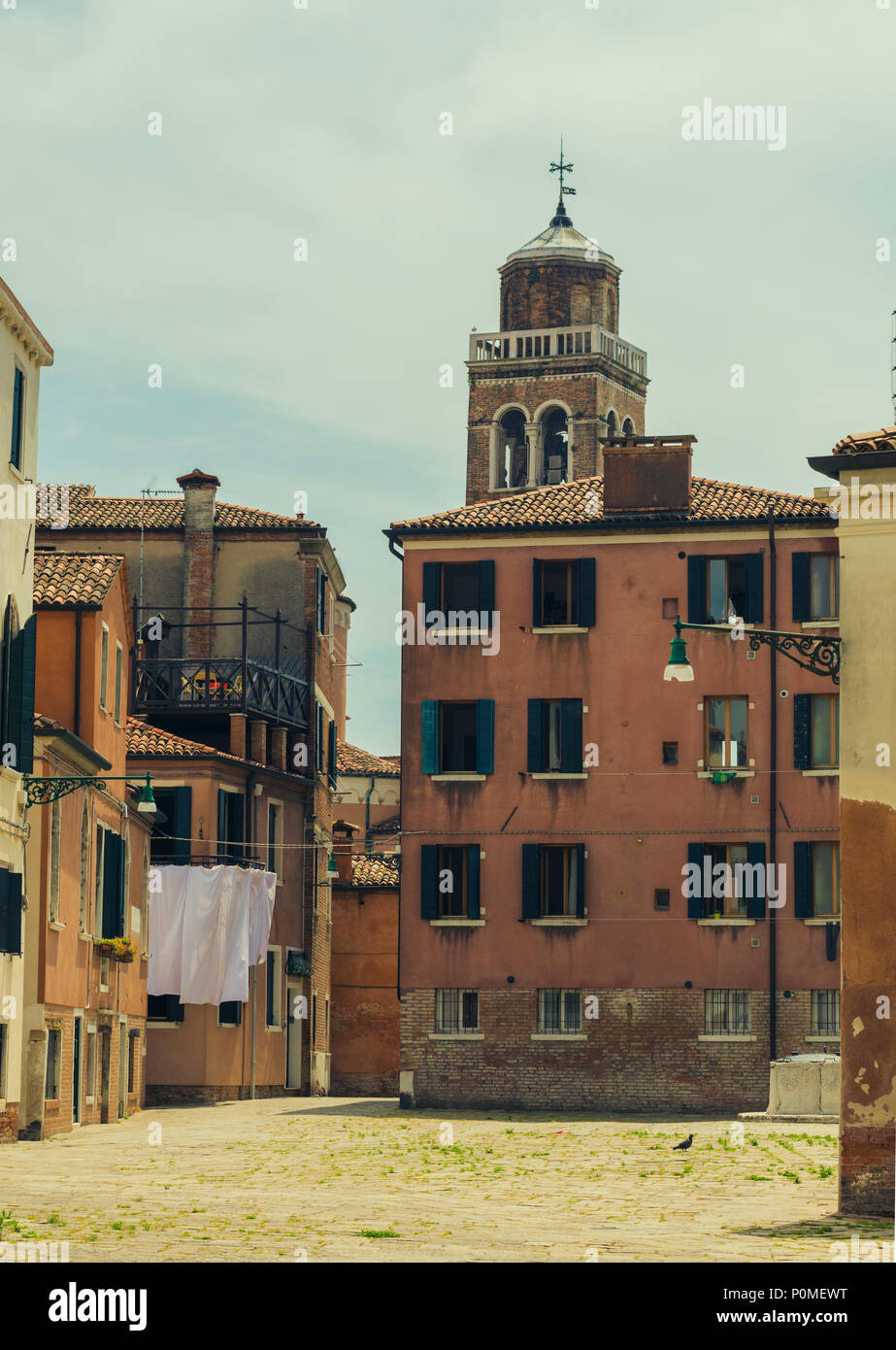 Old Historic Residential Building and bell Tower in Venice Stock Photo