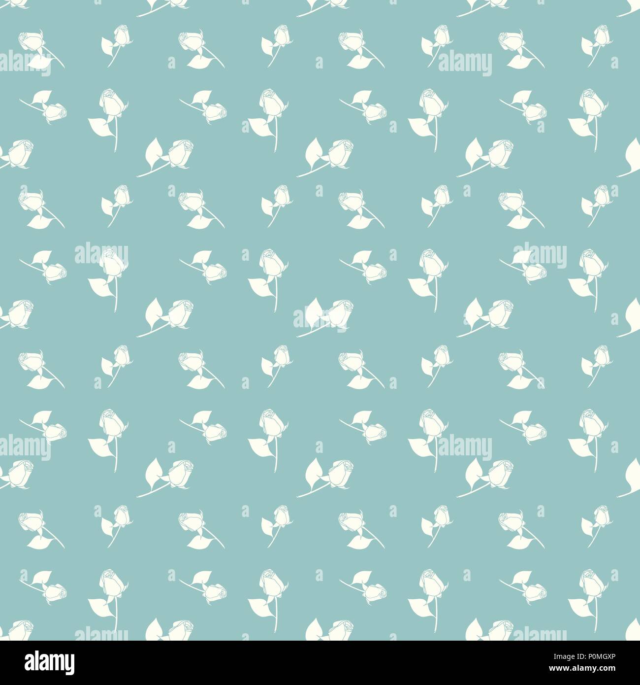 Roses seamless vector geometric monochromatic background - pattern for continuous replicate on turquoise background. Stock Vector