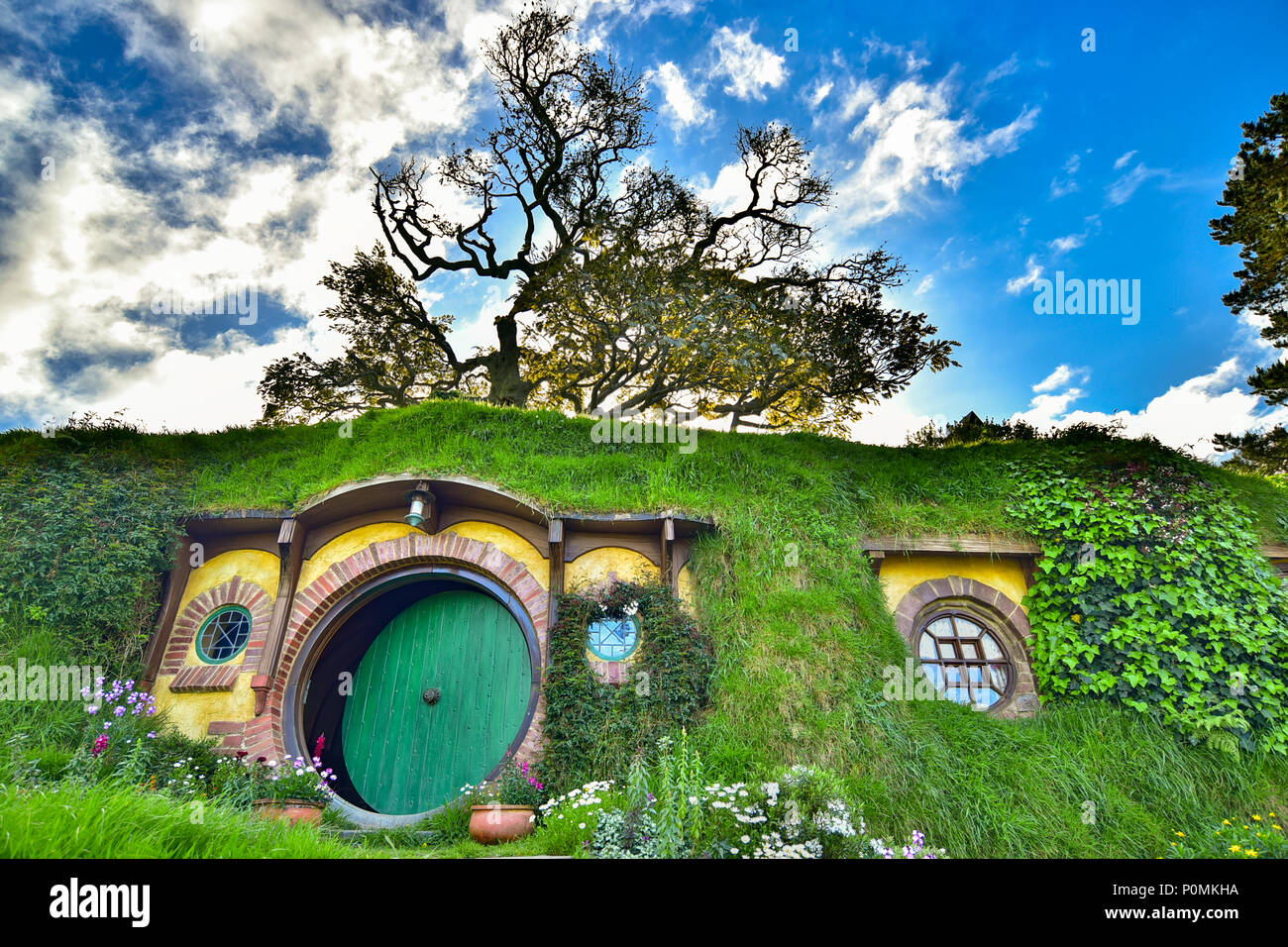 Hobbiton Movie Set of Shire in The Lord of the Rings and The Hobbit trilogies, Matamata, New Zealand Stock Photo