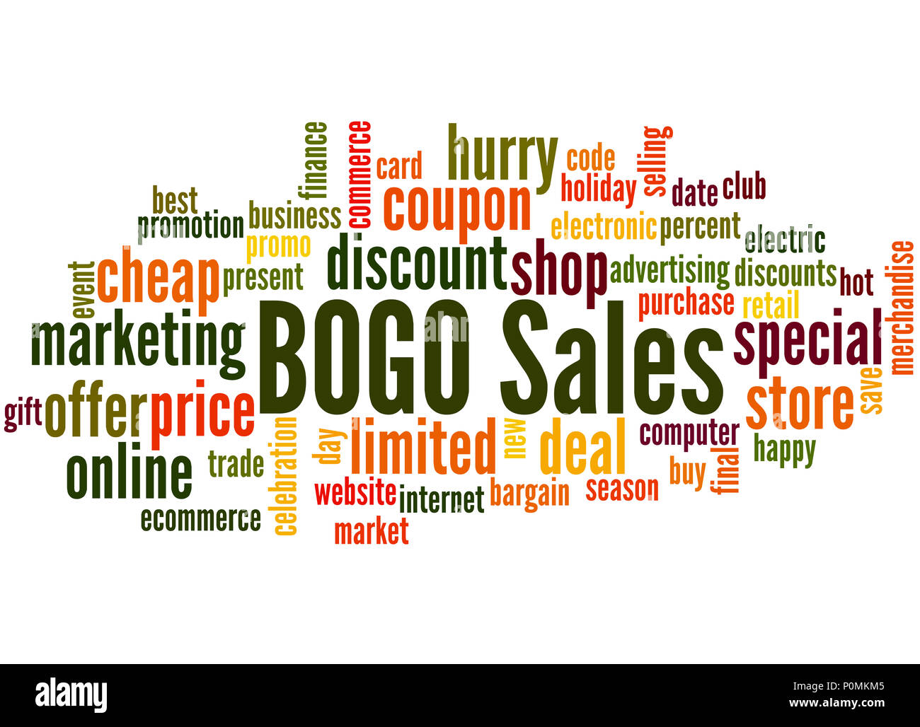 BOGO sales word cloud concept on white background. Buy One Get One Free