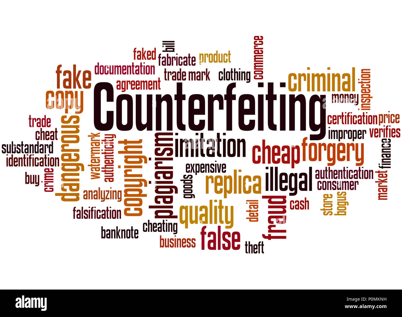 Counterfeiting word cloud concept on white background. Stock Photo