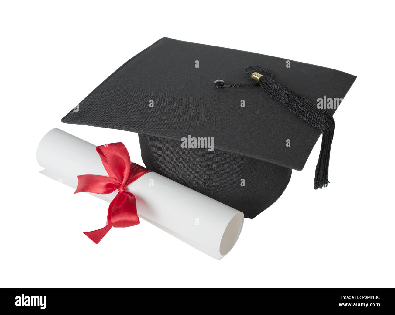 Black graduate hat and paper scroll tied with red ribbon with a bow, isolated on white background Stock Photo