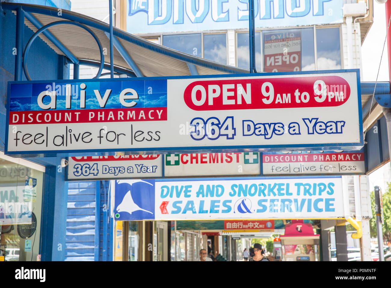Pharmacy and dive centre snorkel shop in Cairns city centre,Queensland,Australia Stock Photo