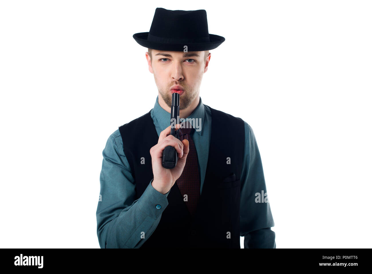 portrait of spy agent in hat with gun isolated on white Stock Photo - Alamy