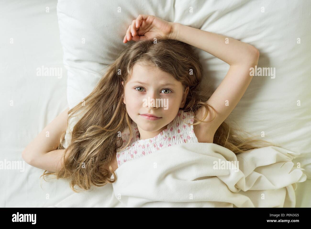 Good Morning Child Girl Blonde With Long Wavy Hair With The Face