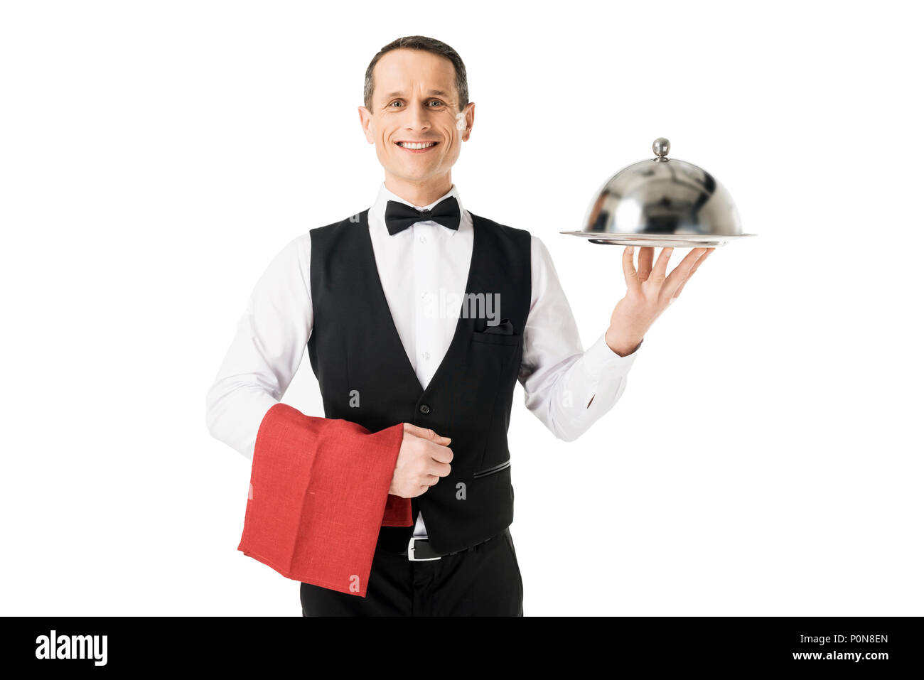 Elegant waiter holding serving tray with cover isolated on white Stock