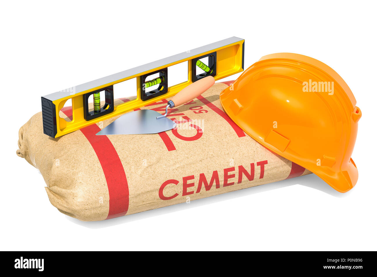 Construction concept. Cement sack with masonry trowel and spirit level, 3D rendering isolated on white background Stock Photo