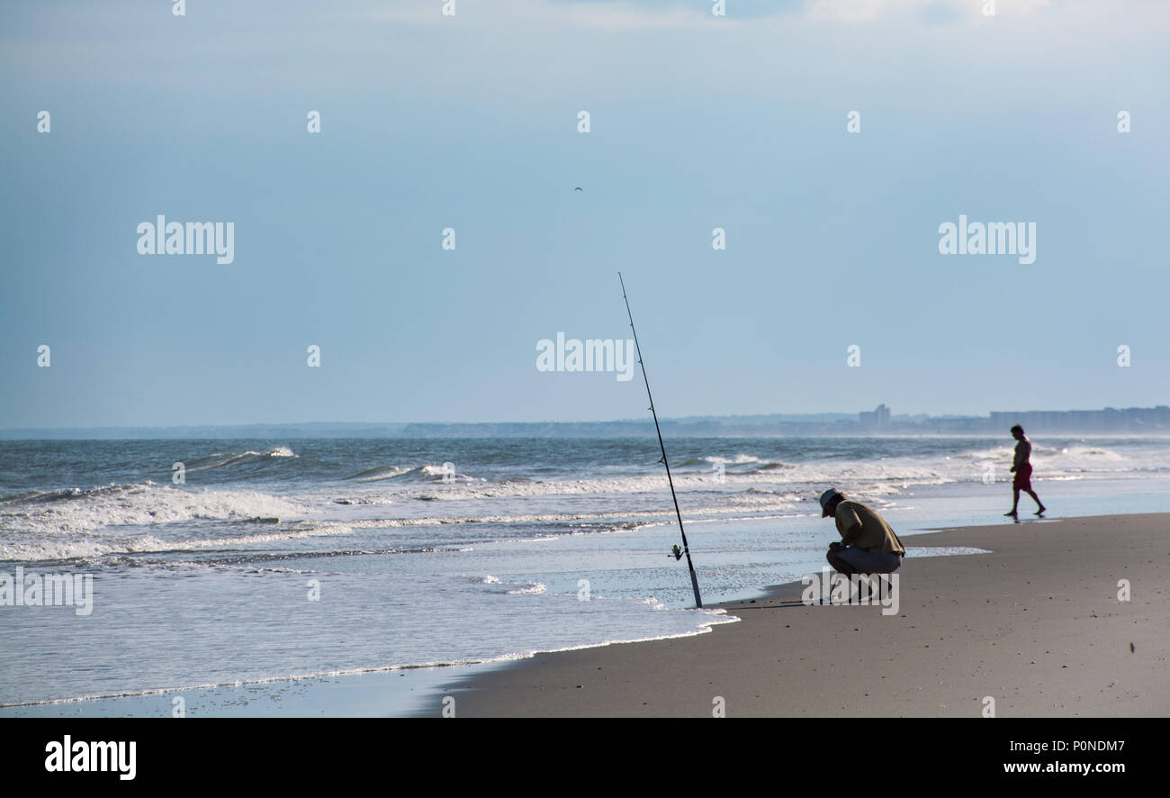 Fisherman on the Shore of Huntington Beach State Park, South Carolina, United States, East Coast Stock Photo