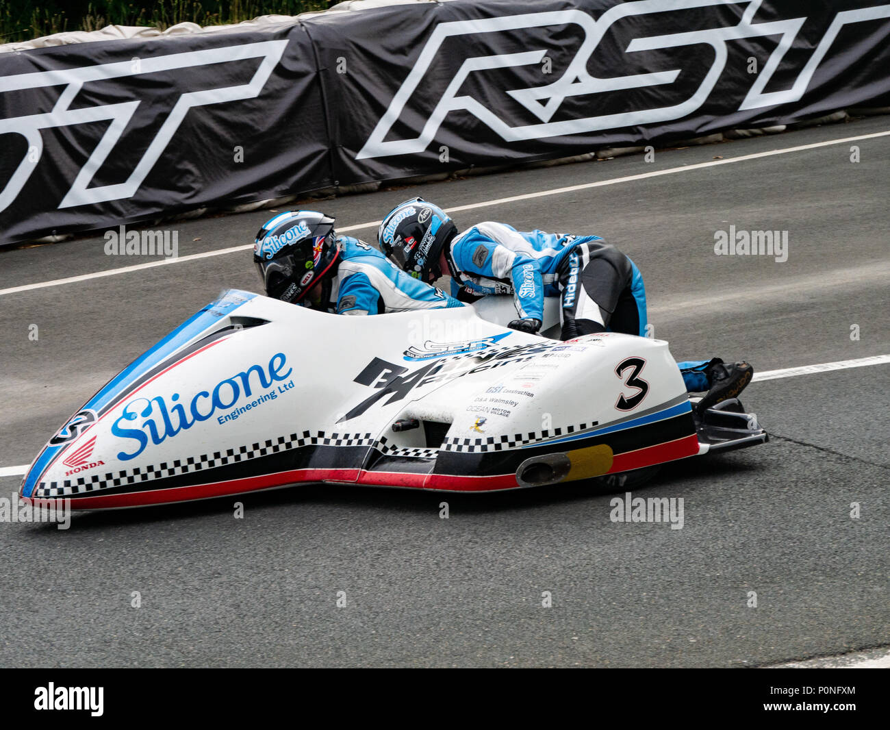 Number 3, John Holden / Lee Cain, sidecar rider and passenger, Isle of Man TT 2018. Tourist Trophy road race, mountain course Stock Photo