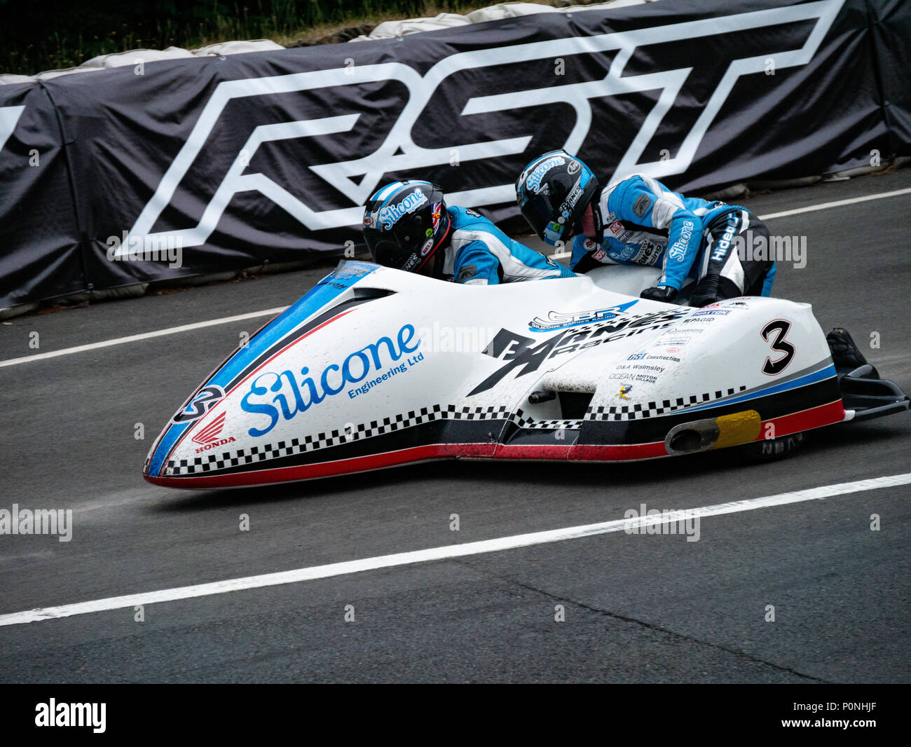 Number 3, John Holden / Lee Cain, sidecar rider and passenger, Isle of Man TT 2018. Tourist Trophy road race, mountain course Stock Photo