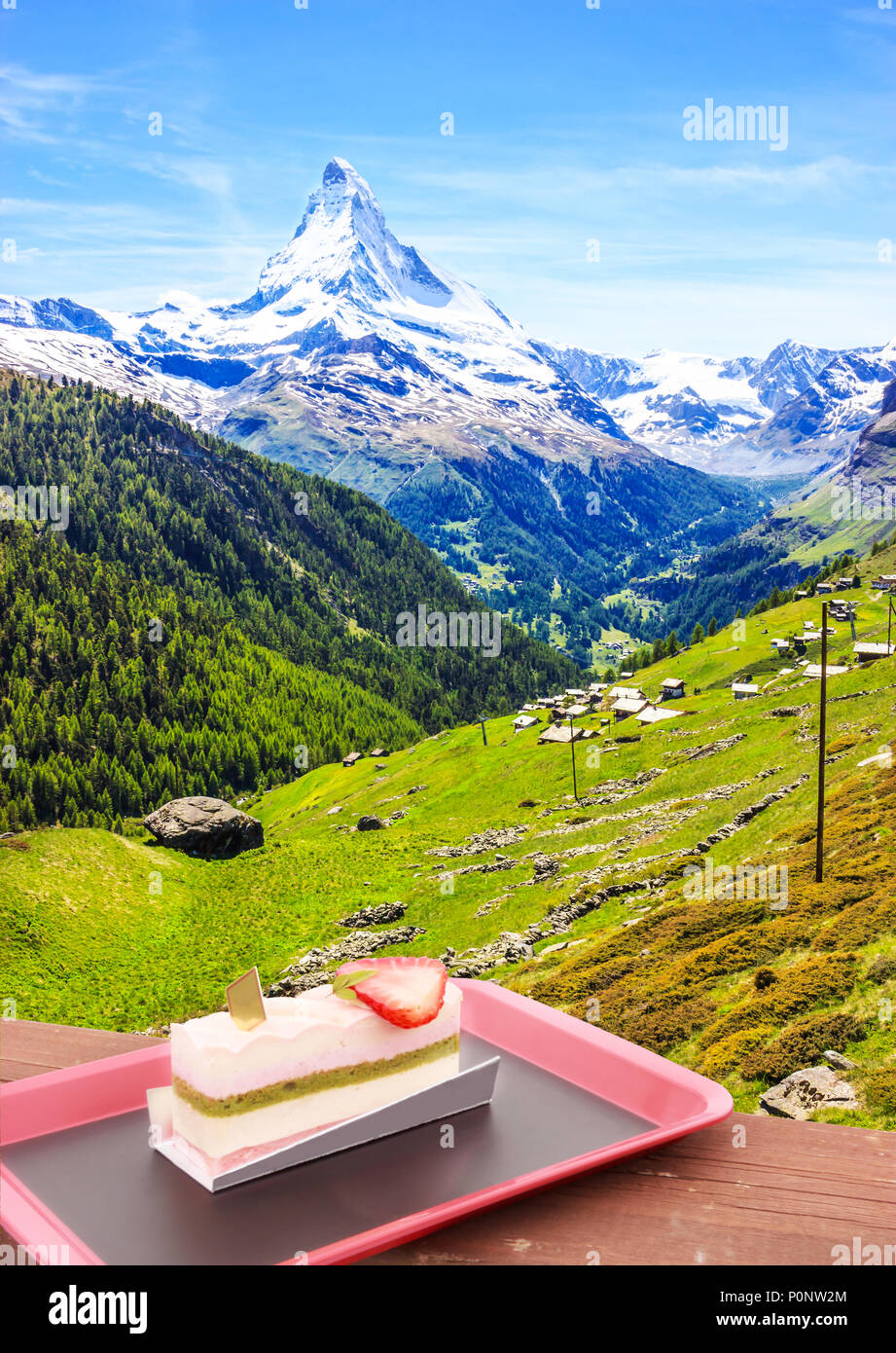 enjoy sweet dessert strawberry sakura cherry blossom cake on wooden