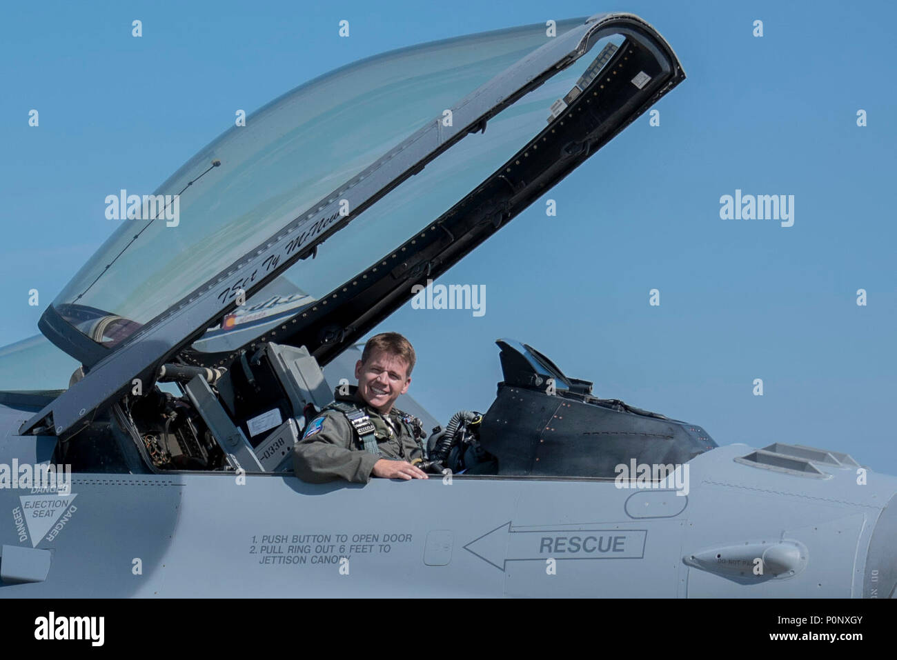 U.S. Air Force Maj. Benjamin 'Scrappy' Couchman, 120th Fighter Squadron, prepares for takeoff prior to an F-16 sortie during Adriatic Strike 2018, Cerklje ob Krki Air Base, Slovenia, June 6, 2018. The Colorado Air National Guard, 140th Wing, Buckley Air Force Base, Colorado, brought four F-16 Fighting Falcons and approximately 40 support personnel to participate in Adriatic Strike 2018, a Slovenian-led JTAC training attended by 22 other NATO nations to conduct interoperability training and joint readiness capabilities among the NATO allies and partners. (U.S. Air National Guard photo by Staff  Stock Photo