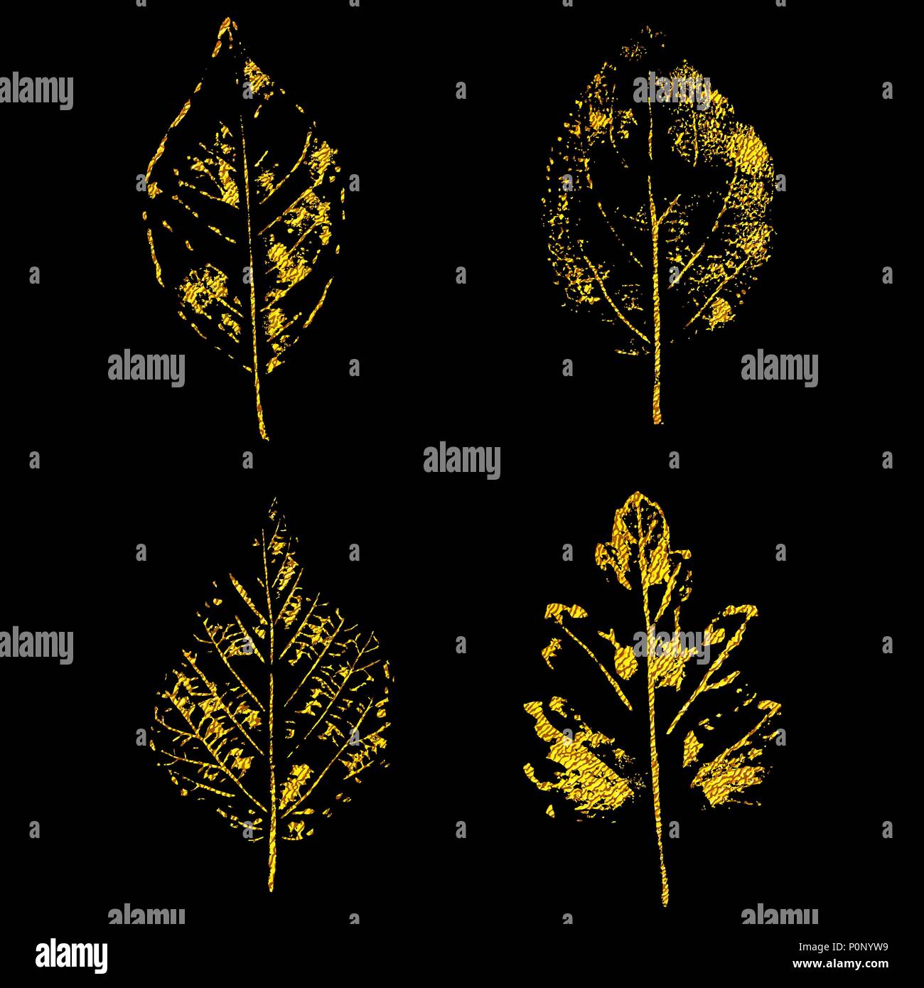 Set of golden leaves on black background. Vector illustration Stock Vector