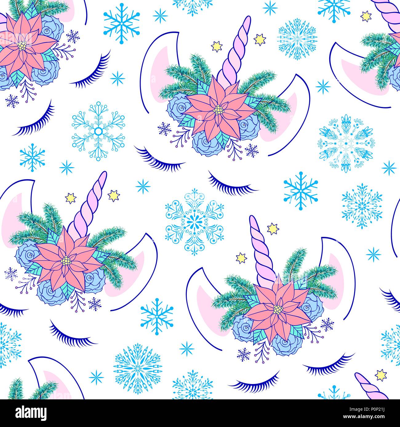 Seamless pattern with head of hand drawn unicorn on white background ...
