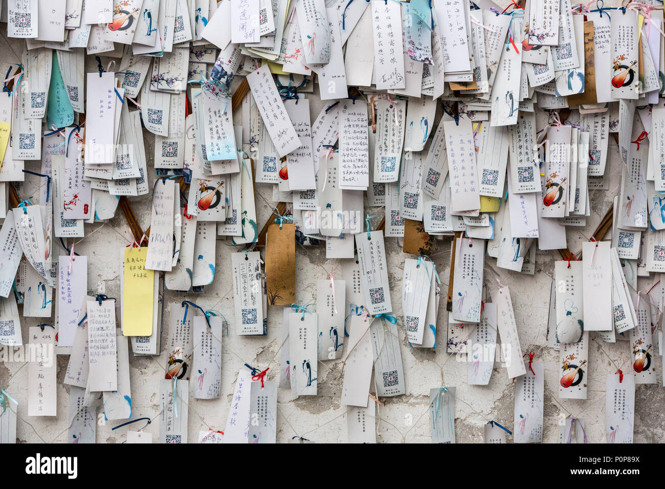 Suzhou, Jiangsu, China.  Tags Contain Hopes for Good Wishes, left by Passersby.  Shantang District. Stock Photo