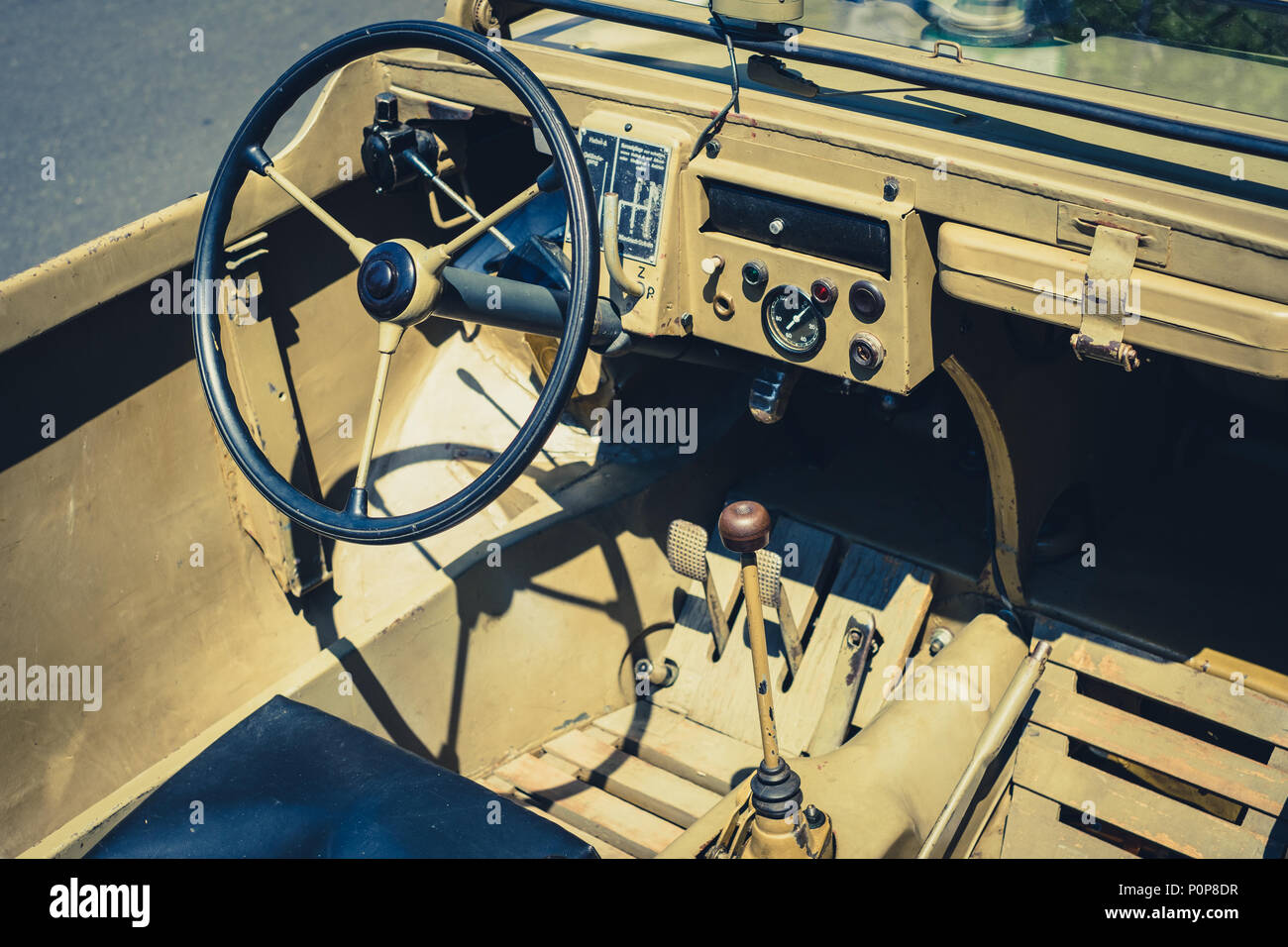 Berlin, Germany - june 09, 2018: Steering wheel, dashboard and interior of  old  Jeep car cockpit at Classic Days, a Oldtimer  event for vintage cars  Stock Photo