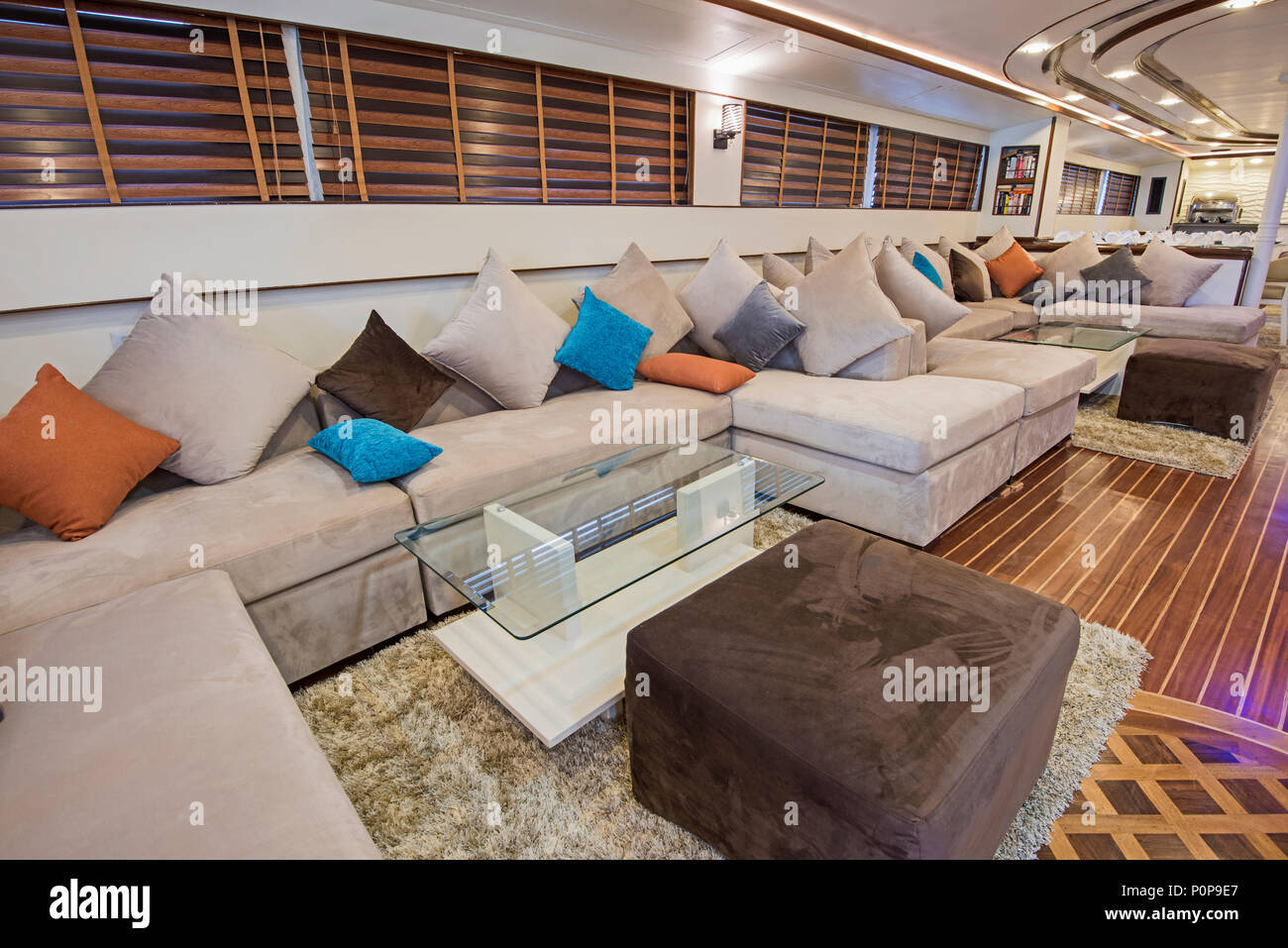 Interior design furnishing decor of the salon area in a large luxury motor yacht Stock Photo