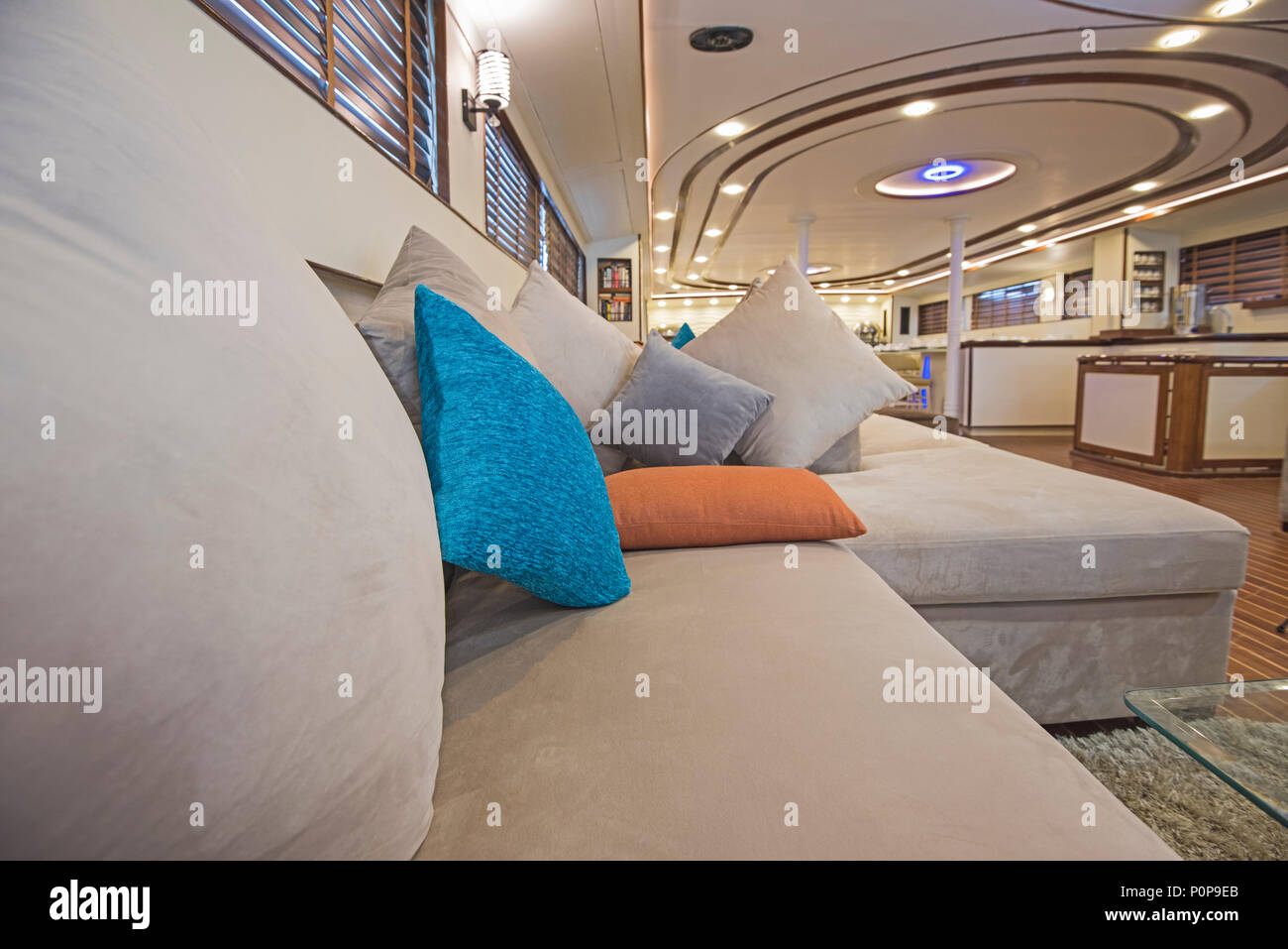 Interior design furnishing decor of the salon area in a large luxury motor yacht Stock Photo