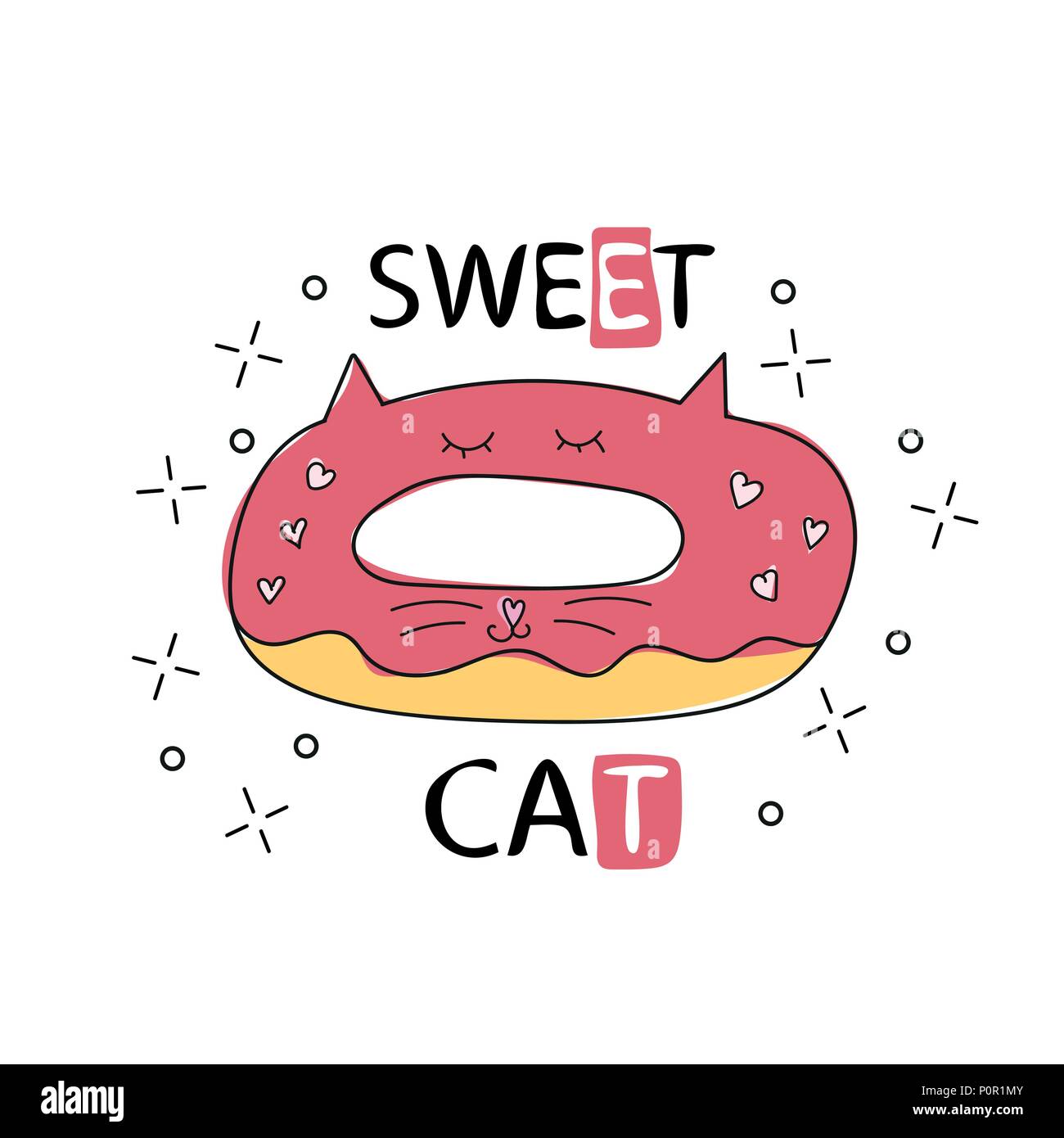Hand drawn vector illustration of a kawaii funny donut with cat ears. Isolated Stock Vector