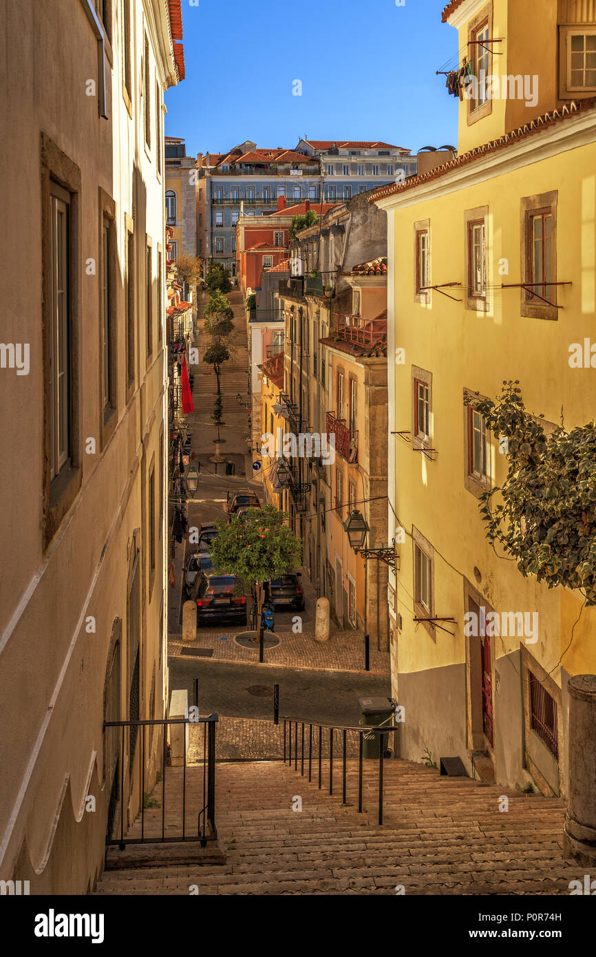 Narrow street of Lisbon "Bairro Alto" district, Portugal Stock Photo ...