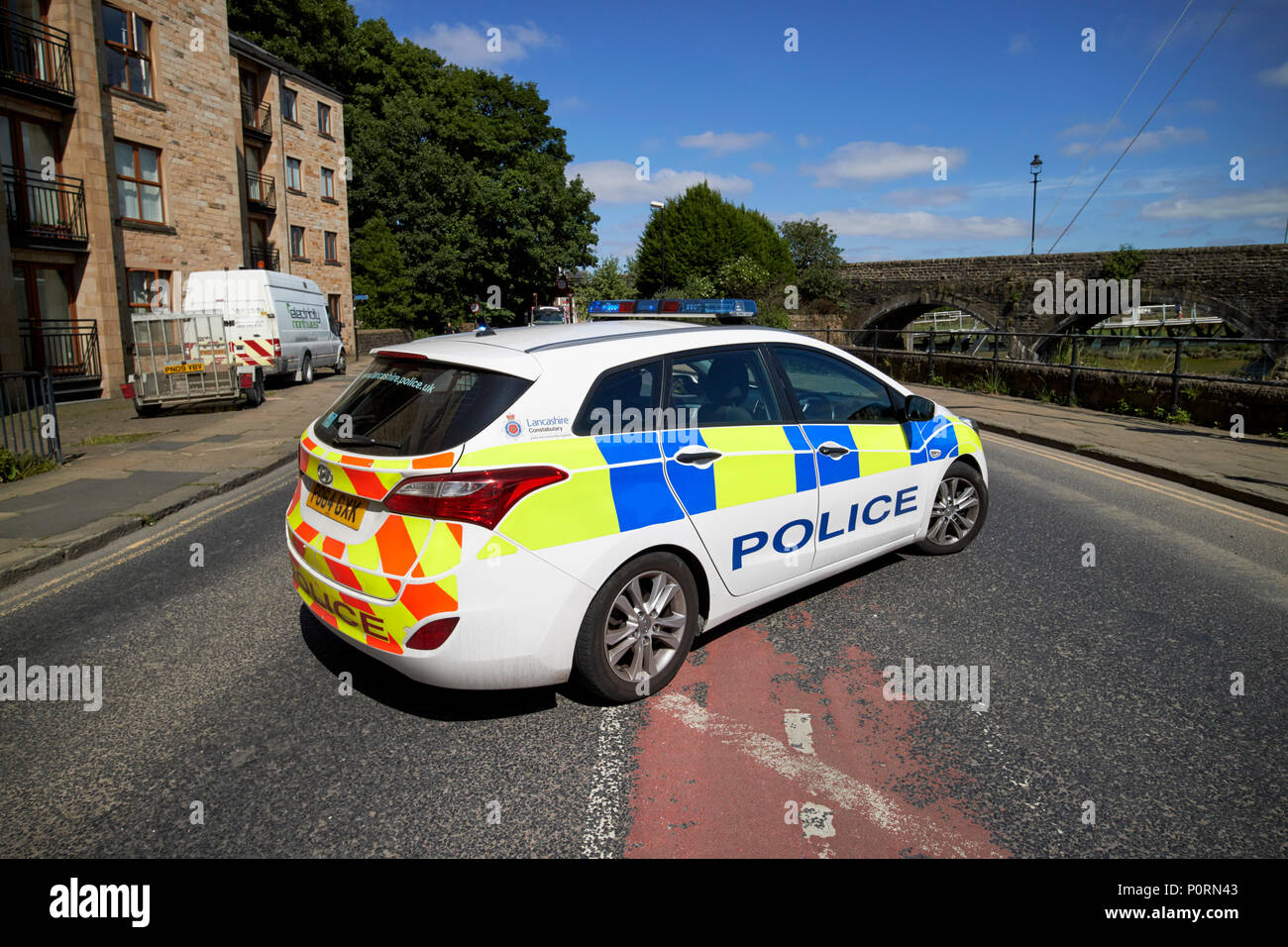 Lancashire constabulary hyundai i30 estate police vehicle in the middle of the road due to an incident lancaster Lancashire England UK Stock Photo