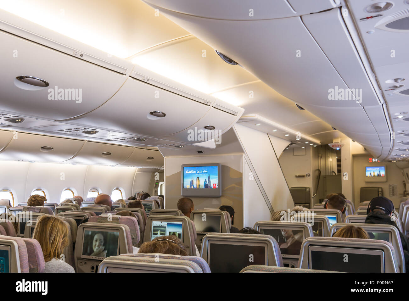 The lower deck of Airbus A 380, a double-deck jet airliner with excellent comfort and space, Copenhagen, April 27, 2018 Stock Photo