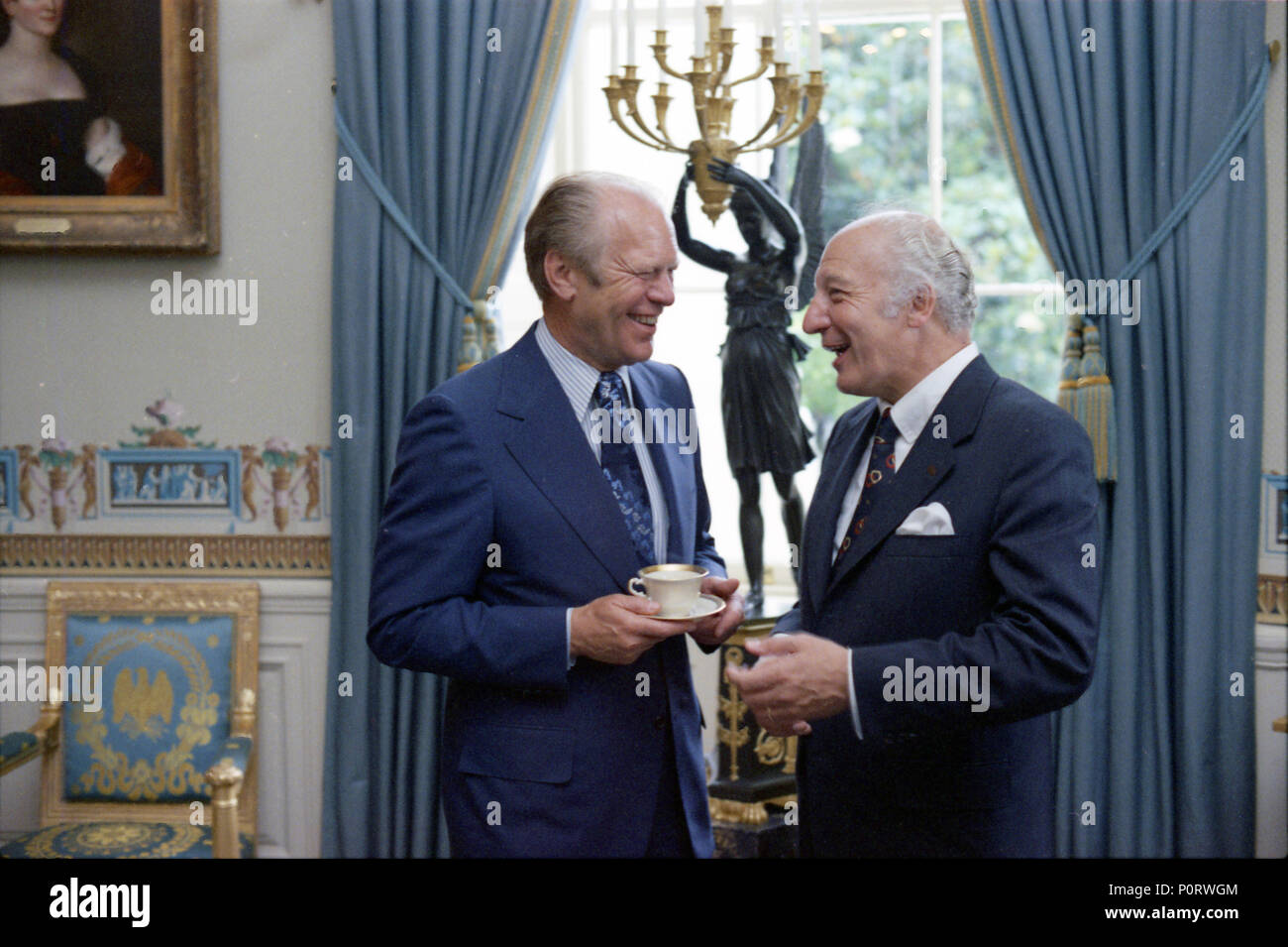 1975, June 16 – Blue Room – The White House – Gerald R. Ford, Walter Scheel – standing, talking – Reception Following State Arrival Ceremony for the President, Federal Republic of Germany Stock Photo