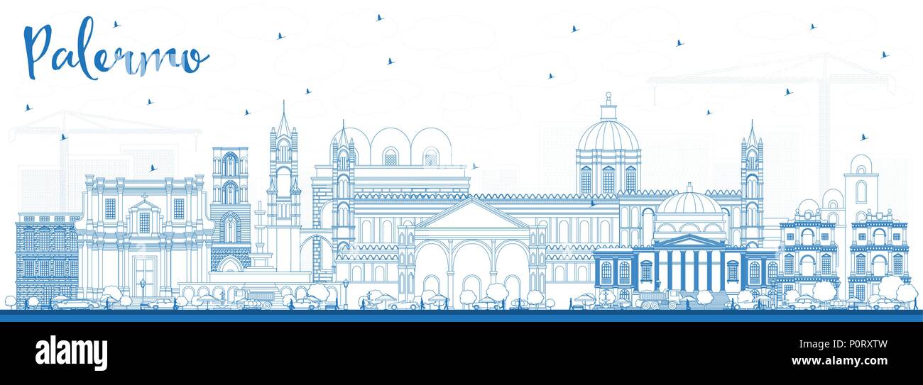 Outline Palermo Italy City Skyline with Blue Buildings. Vector Illustration. Business Travel and Tourism Concept with Historic Architecture. Stock Vector