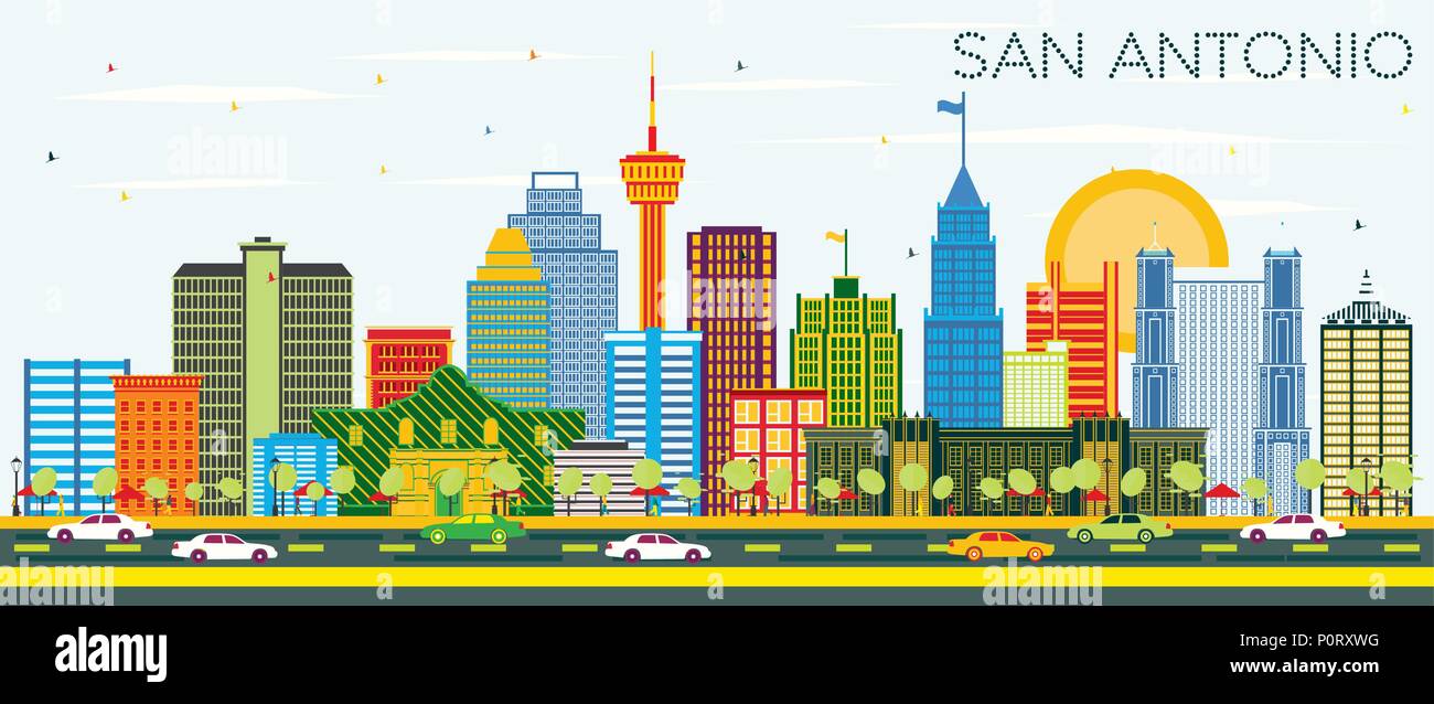 San Antonio Texas Skyline with Color Buildings and Blue Sky. Vector
