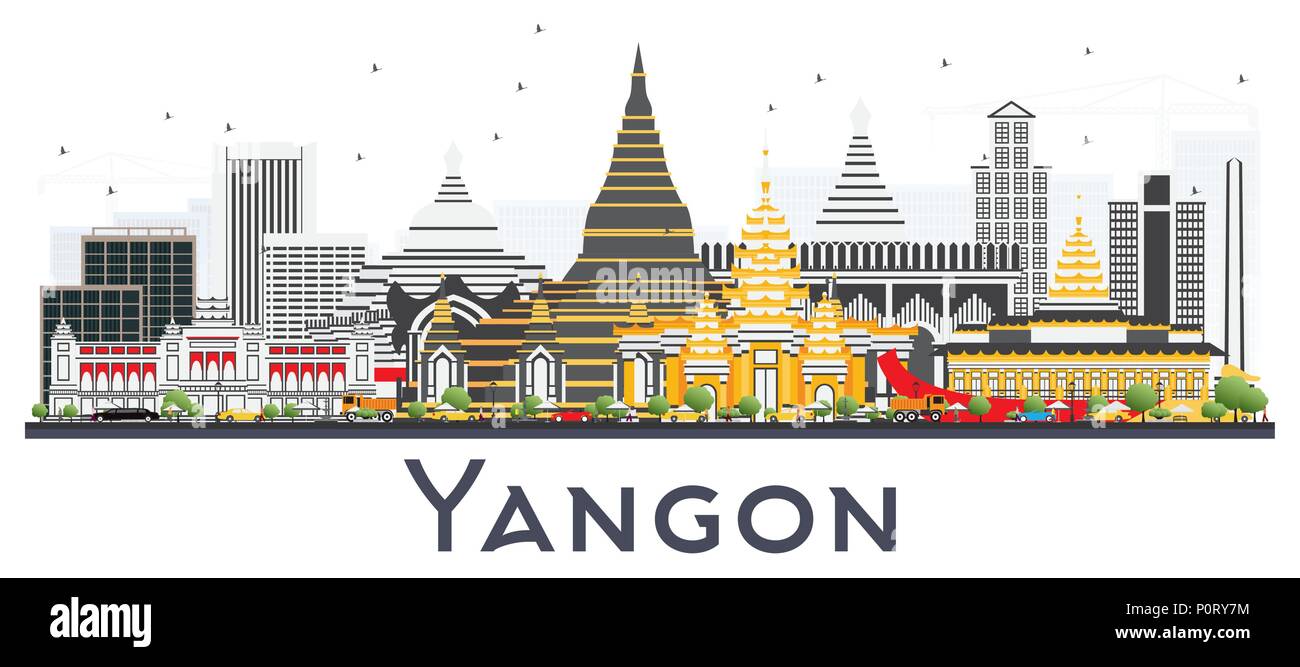 Yangon Myanmar City Skyline with Gray Buildings Isolated on White. Vector Illustration. Stock Vector
