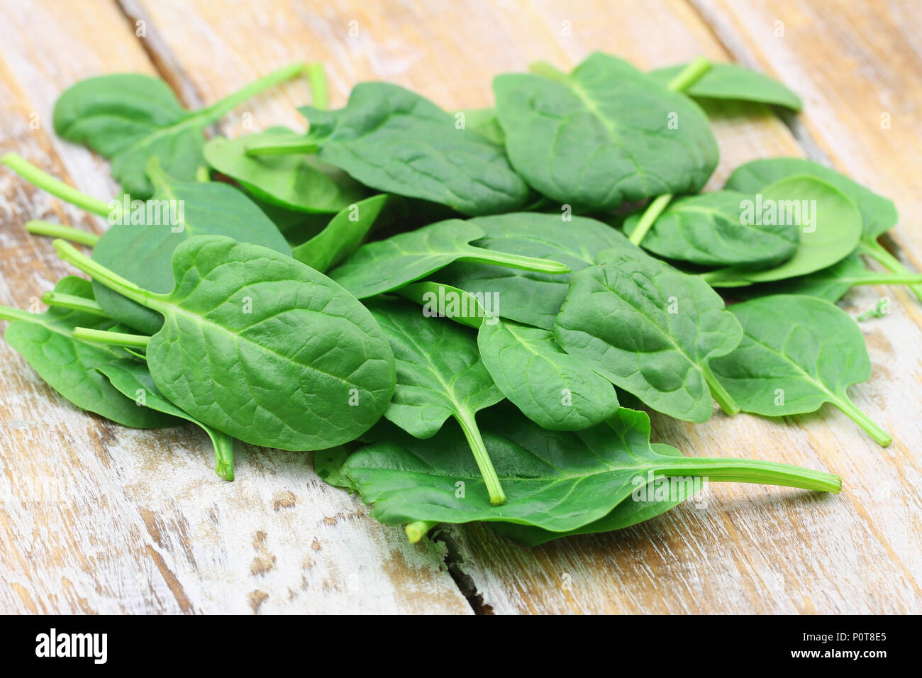 Stack of fresh baby spinach leaves on rustic wooden surface Stock Photo