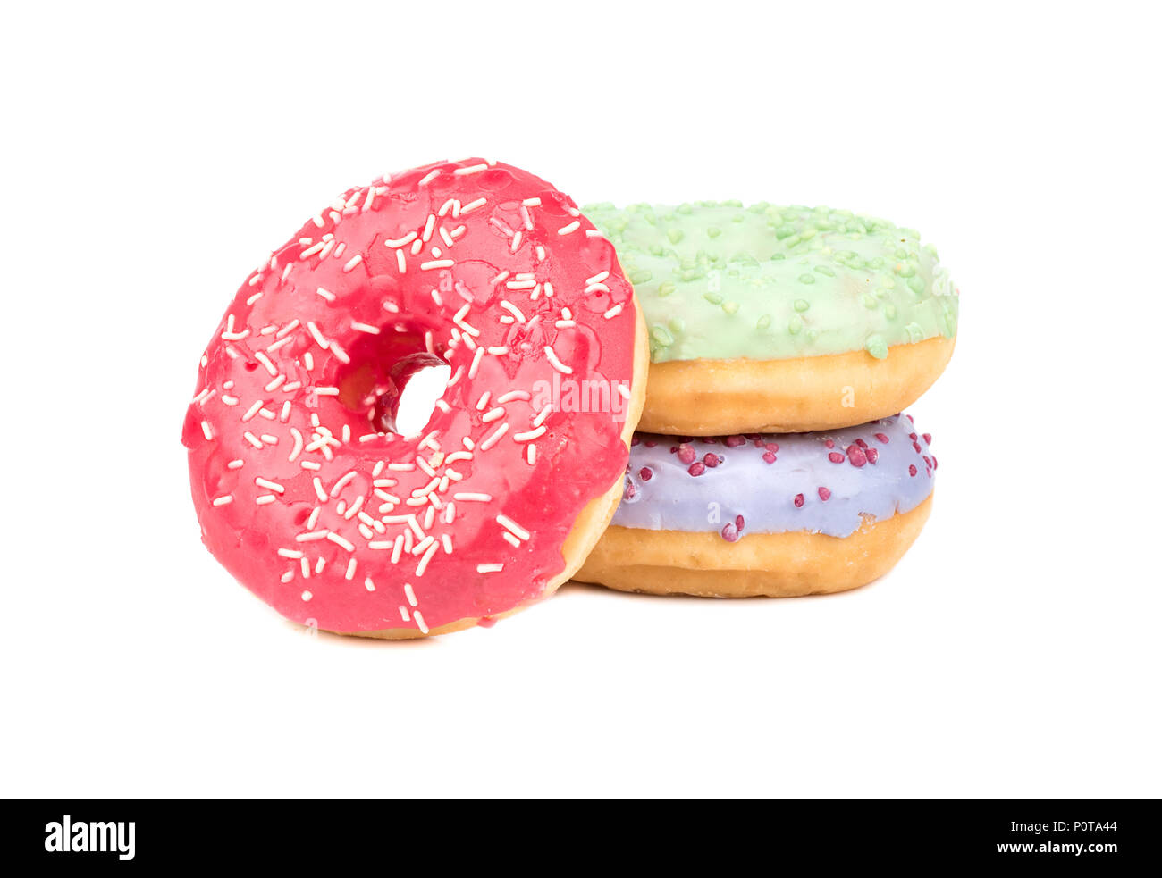 Three donut with multicolored glaze on a white background Stock Photo
