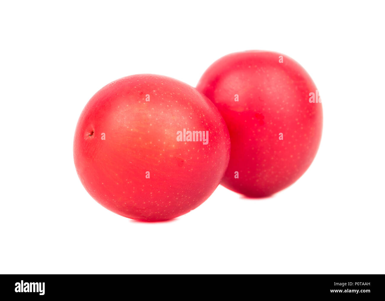 Two ripe red cherry plums on a white background Stock Photo