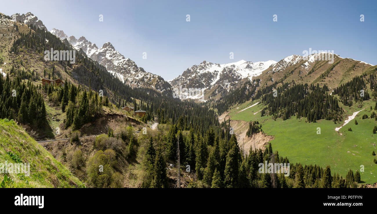 Snow-capped Mountains at Chimbulak Panorama, Kazakhstan Stock Photo