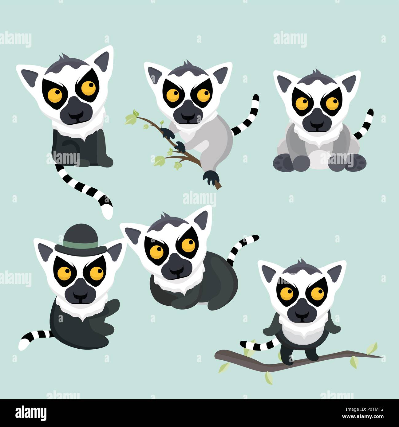 Cute cartoon ring tailed lemurs set. Stock Vector