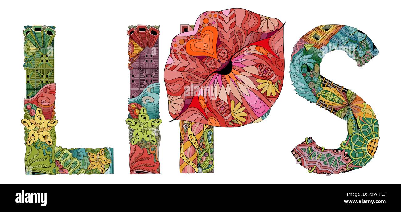 Word LIPS with lips silhouette . Vector decorative zentangle object