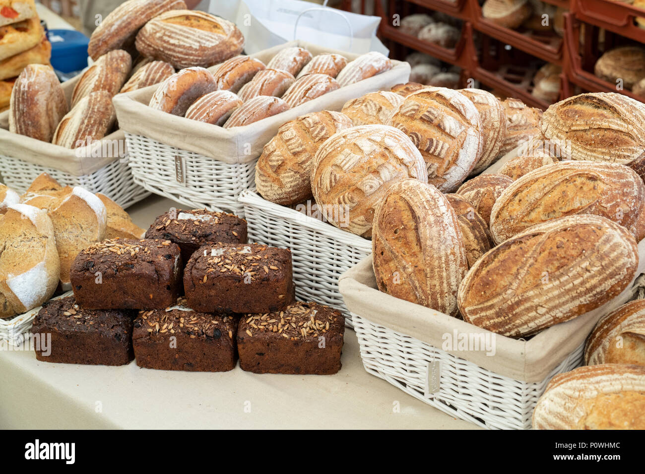 Sourdough and pumpernickel bread for sale at Daylesford Organic farm summer festival. Daylesford, Cotswolds, Gloucestershire, England Stock Photo