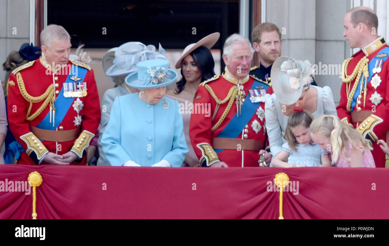 Photo Must Be Credited ©Alpha Press 079965 09/06/2018 Prince Andrew Duke Of York Queen Elizabeth II  Meghan Markle Duchess of Sussex Prince Charles Prince Harry Duke Of Sussex Prince William Duke Of Cambridge Kate Duchess of Cambridge Katherine Catherine Middleton Princess Charlotte Of Cambridge Savannah Phillips   during Trooping The Colour at Buckingham Palace on the Mall in London. Stock Photo