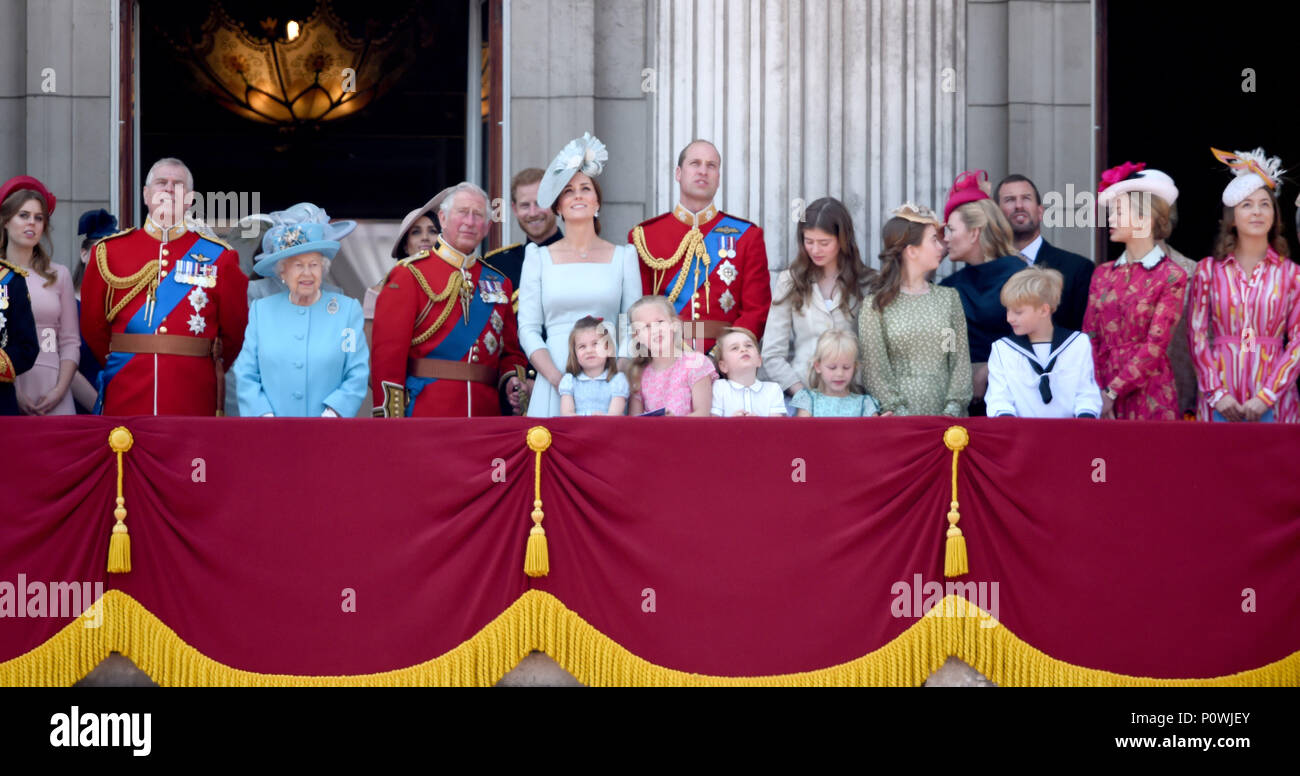 Photo Must Be Credited ©Alpha Press 079965 09/06/2018 Princess Beatrice Prince Andrew Duke Of York Queen Elizabeth II  Prince Charles Meghan Markle Duchess of Sussex Prince Charles Prince Harry Duke Of Sussex Prince William Duke Of Cambridge Kate Duchess of Cambridge Katherine Catherine Middleton Princess Charlotte Of Cambridge Savannah Phillips and Prince George of Cambridge Isla Elizabeth Phillips , Estella Taylor Eloise Taylor Autumn Phillips Peter Phillips Lady Helen Taylor during Trooping The Colour at Buckingham Palace on the Mall in London. Stock Photo