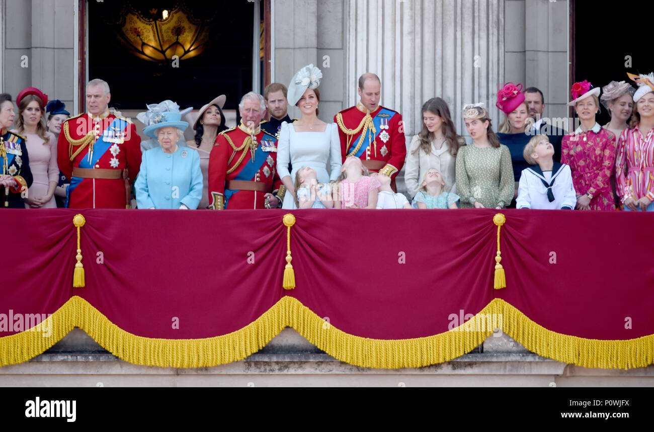 Photo Must Be Credited ©Alpha Press 079965 09/06/2018 Princess Anne Princess Beatrice Lady Louise Windsor Prince Andrew Duke Of York Queen Elizabeth II  Prince Charles Meghan Markle Duchess of Sussex Prince Charles Prince Harry Duke Of Sussex Prince William Duke Of Cambridge Kate Duchess of Cambridge Katherine Catherine Middleton Princess Charlotte Of Cambridge Savannah Phillips and Prince George of Cambridge Isla Elizabeth Phillips , Estella Taylor Eloise Taylor Autumn Phillips Peter Phillips Lady Helen Taylor  during Trooping The Colour at Buckingham Palace on the Mall in London. Stock Photo