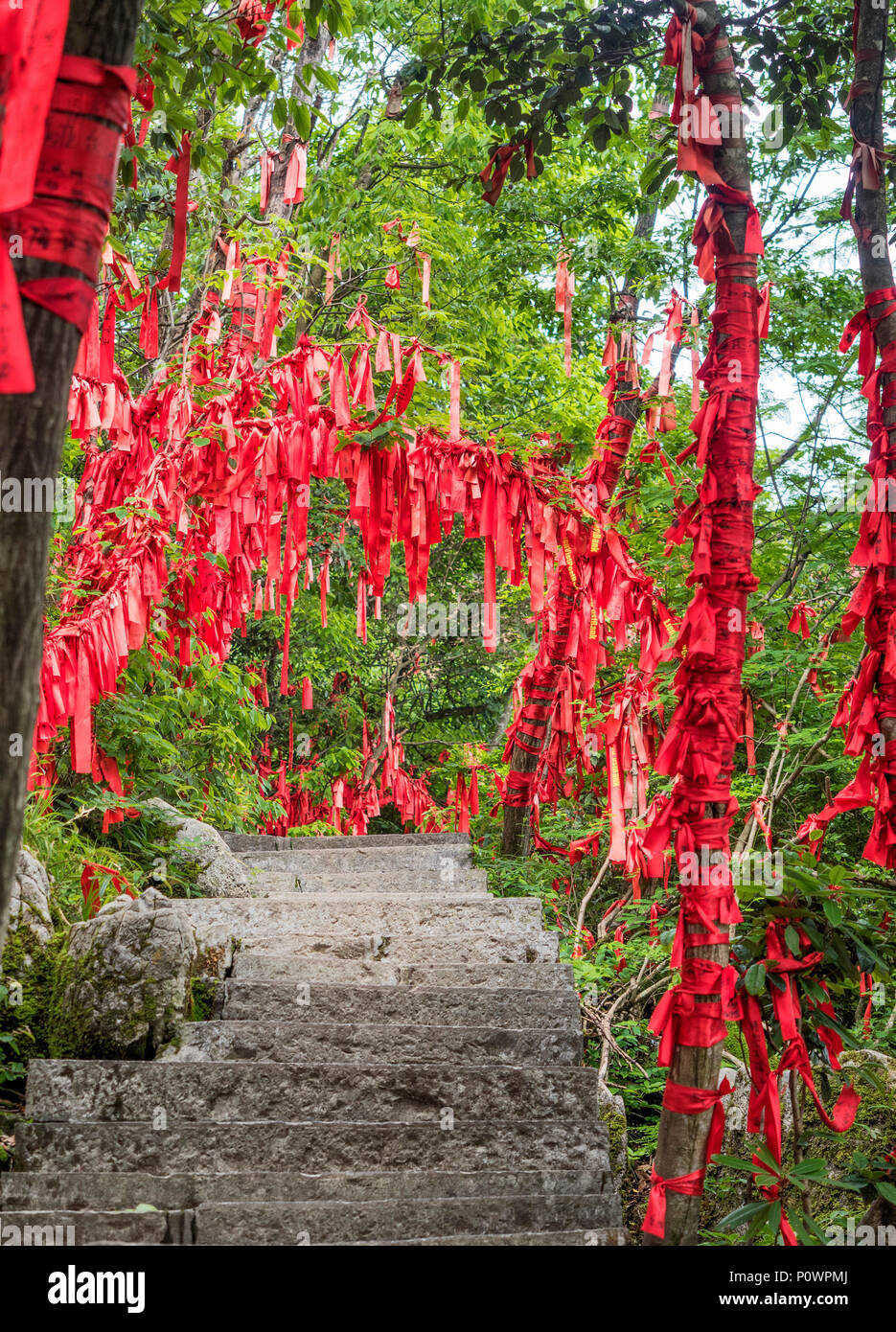Red ribbon with written wishes hangging on the trees at Tianmen