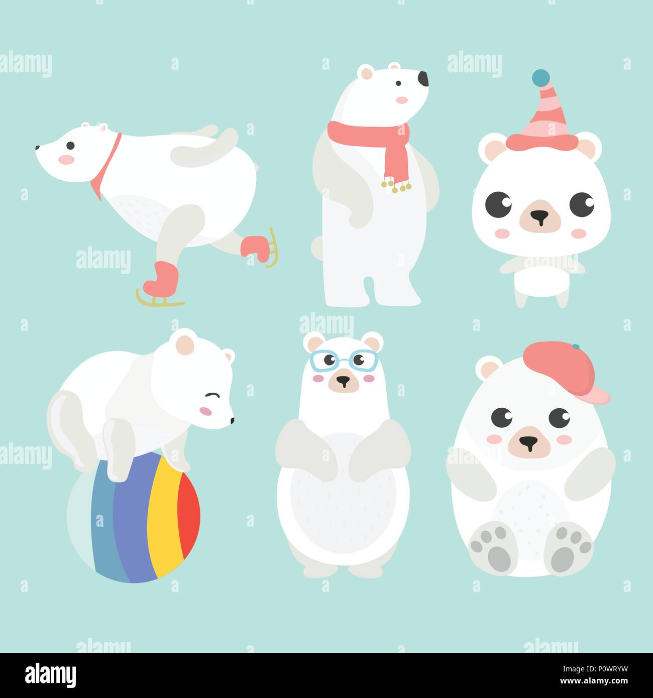 Cute cartoon polar bear in different poses. Stock Vector