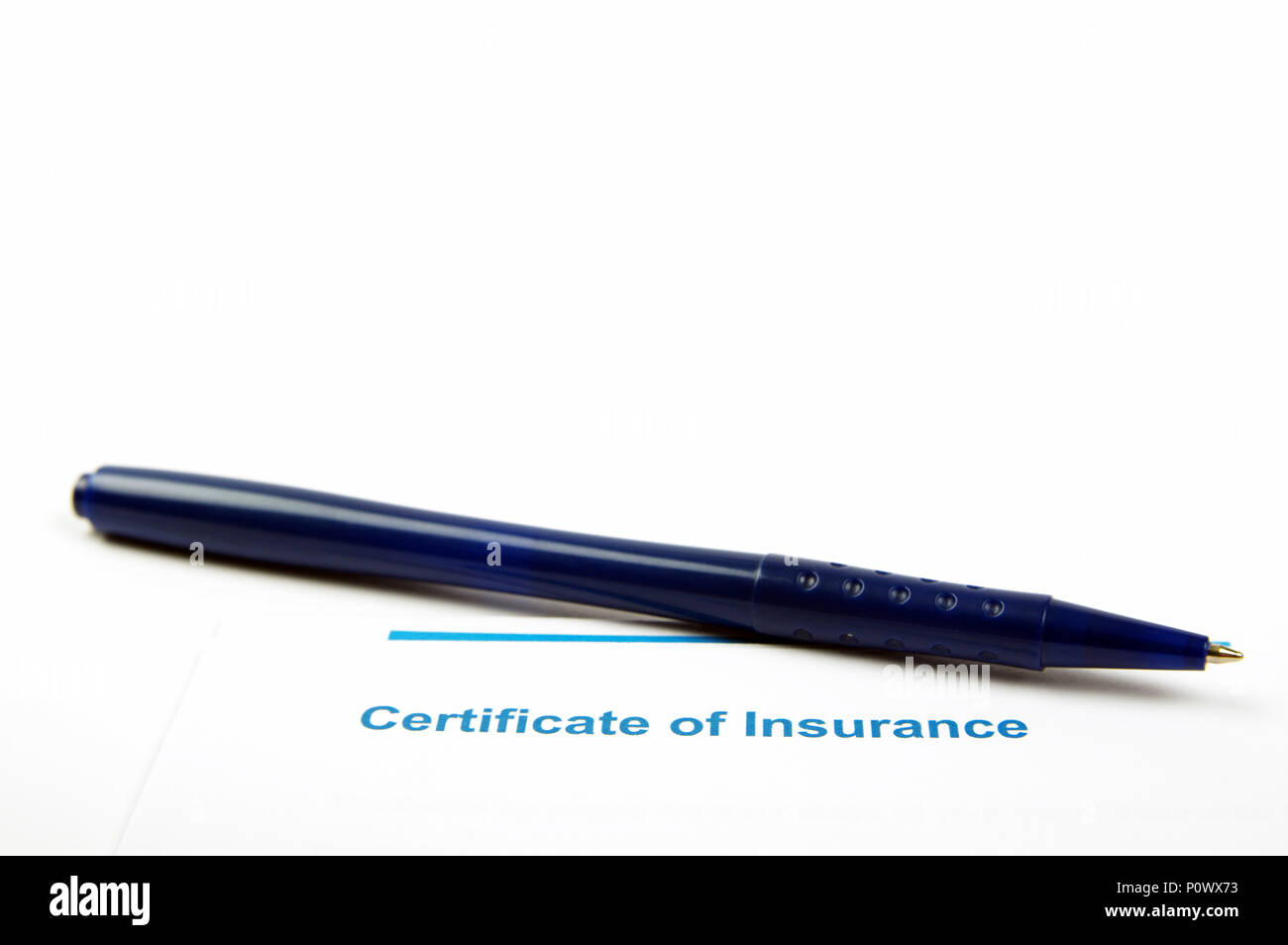 insurance certificate paper and blue pen Stock Photo